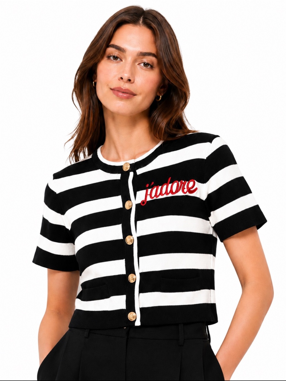 NWT! MARSY J’Adore Beaded Black/Cream Striped Cropped Cardigan Size XS